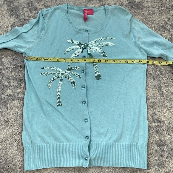 NWT Charlotte Tarantola Lightweight Cotton Cardigan Sweater Sequin Palm Tree L - Picture 5 of 11